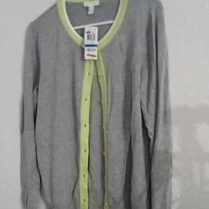 Charter Club Gray Cardigan with Lime Trim